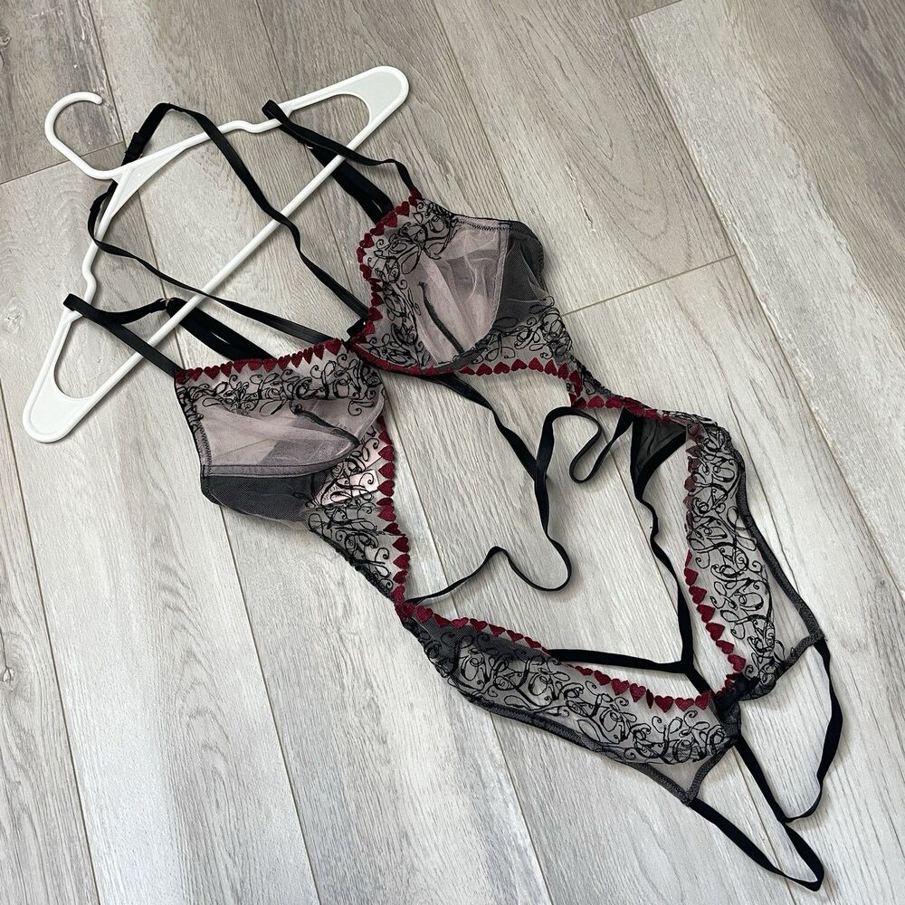 Victorias Secret Bodysuit NWT heart mesh sheer one piece womens Black large vday